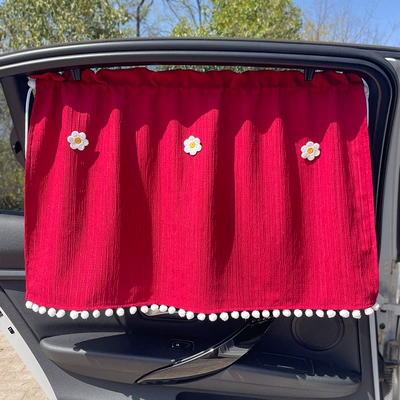 Fresh and Simple Car Window Sunshade Curtain, Sun Protection, All-Season Pull-Out Curtain with Suction Cups, Car Interior Privacy Curtain for Sleeping (Car curtains) - wine-red-three-little-flowers-car-curtain-1-piece-free-suction-cup-rope