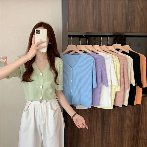 Summer Ice Silk Short Sleeve Cardigan Solid Color V-neck Outerwear Unique Design Thin Top for Layering Air Conditioner Shirt Dropshipping