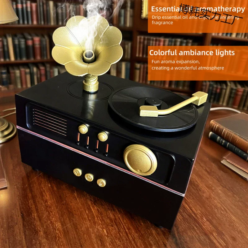 Retro Rotating Gramophone USB Humidifier-Bluetooth Ultrasonic Atomizer Dynamic Gramophone Ornament Aromatherapy Machine