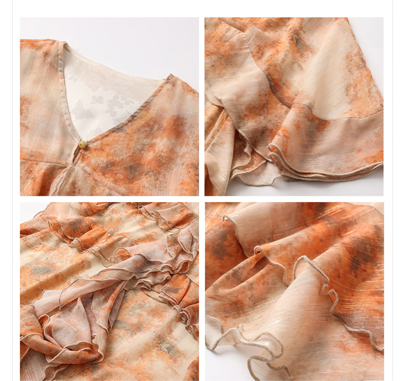 Đầm maxi nữ thắt eo họa tiết ombre cổ sen cách tân — Màu cam, Màu trắng be chi tiết 5