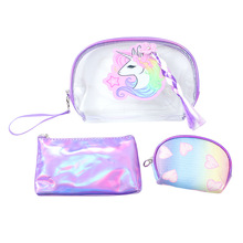 卡通独角兽手拿包三件套透明PVC大容量防水化妆包便携旅行洗漱包