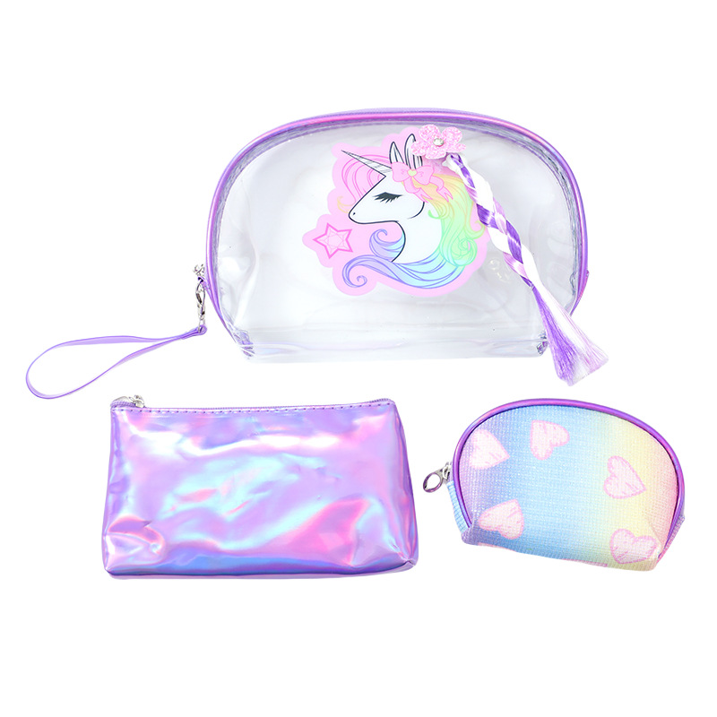 卡通独角兽手拿包三件套透明PVC大容量防水化妆包便携旅行洗漱包