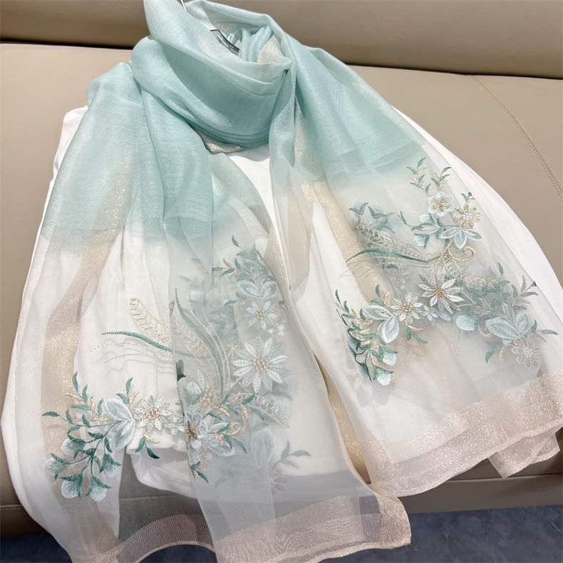 150g Weight Silk Scarf Classification Travel Occasion Polyester Material Flower Pattern Spring, Autumn Season Women's Gender Embroidery Design Elegant Style Women's Elegant Flower Polyester Embroidery Silk Scarf 1