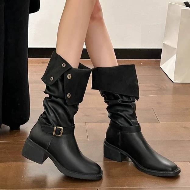 Leather retro high boots platform, belt, denim buckle