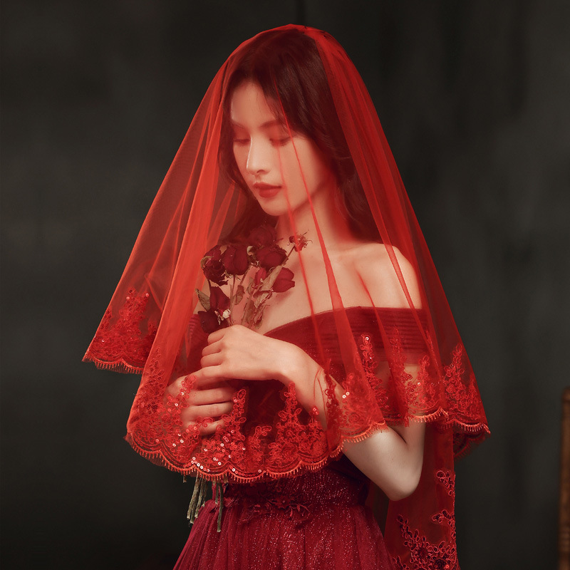 Red Veil Brides' Main Wedding Dress Long Version Xiaohuo Dress Red Covering Wedding Short Lace Chinese Retro Style Net Fabric