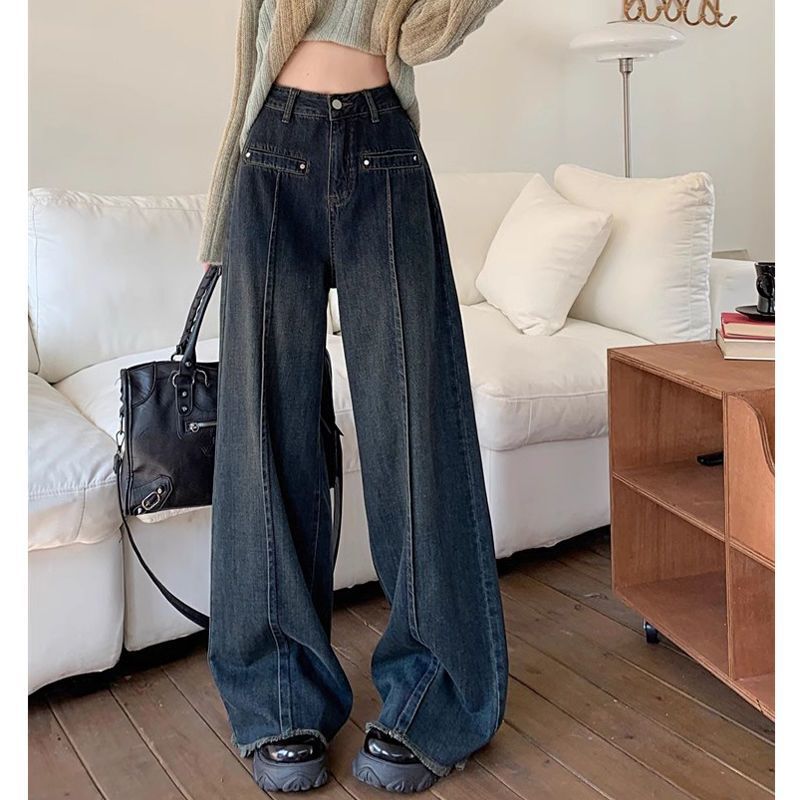 新款拖地裤高腰设计感2025春秋美式直筒宽松阔腿复古牛仔裤女显瘦|undefined