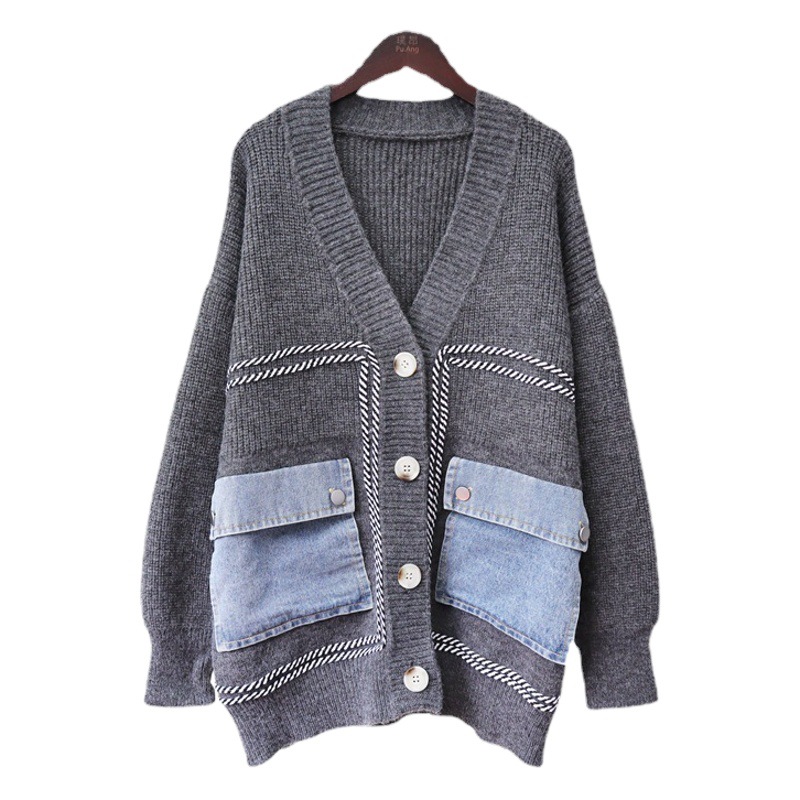 Suéter Cárdigan de Punto con Diseño Holgado y Estilo Coreano, Otoño/Invierno 2025, Chaqueta de Mezclilla con Parches para Mujer, a la Moda