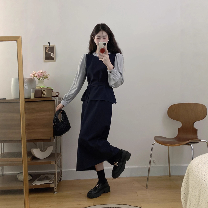 高级感气质通勤穿搭套装女2025早秋新款假两件拼接长袖衬衫半身裙|undefined