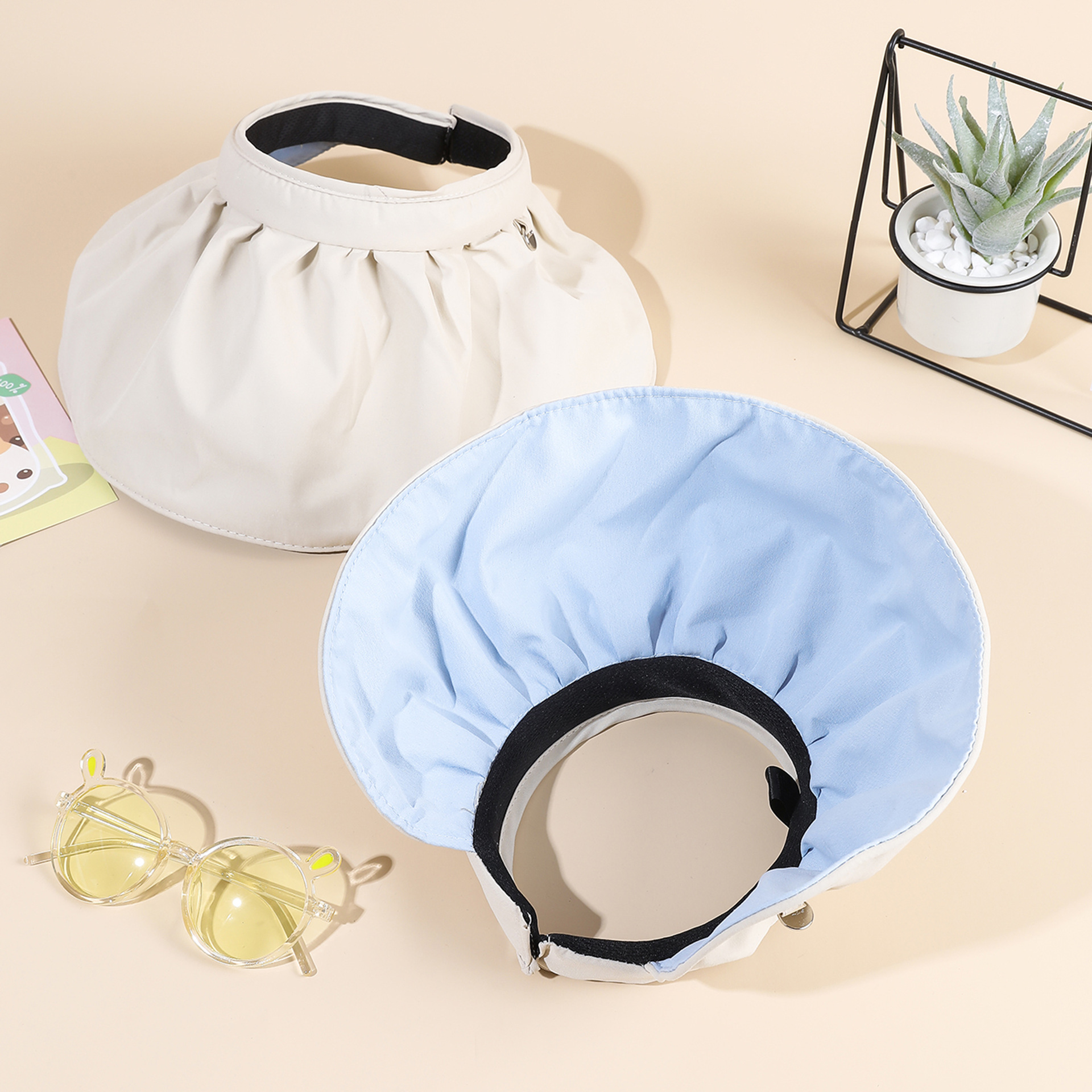 Nuevo estilo sombrero de copa vacío verano de las mujeres estilo coreano moda Shell sombrero borde grande a prueba de Sol de doble uso diadema color sólido sombrero de copa vacío