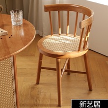 藤椅日式实木温莎椅休闲椅餐椅家用美式藤制餐厅奶茶店书房圆椅扶