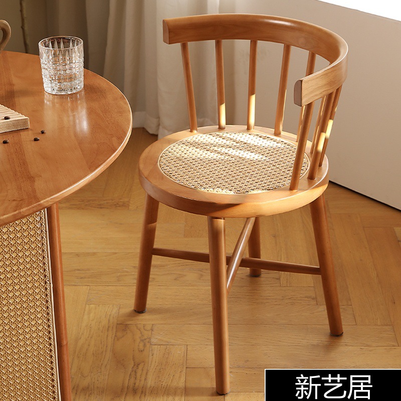 藤椅日式实木温莎椅休闲椅餐椅家用美式藤制餐厅奶茶店书房圆椅扶