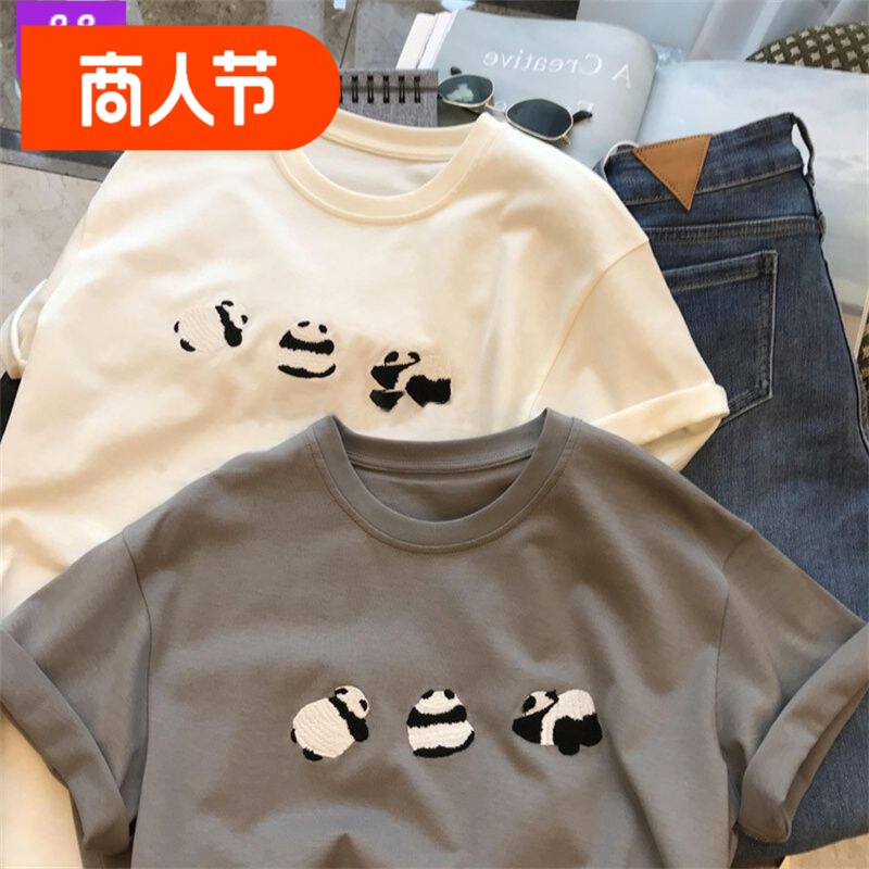 Milk White Panda Printed Heavy Cotton Short-sleeved T-shirt Women's Spring 2023 New Loose Design Sense Top