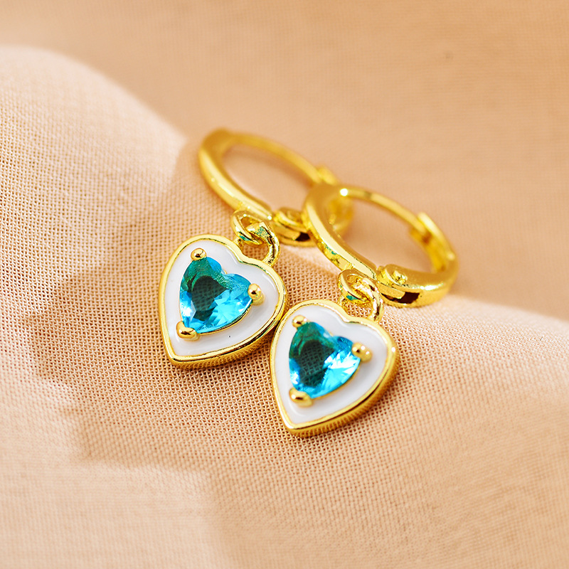 Holiday Occasion Copper Material 1 Pair Cute Heart Shape Polishing Inlay Copper Artificial Gemstones Gold Plated Drop Earrings