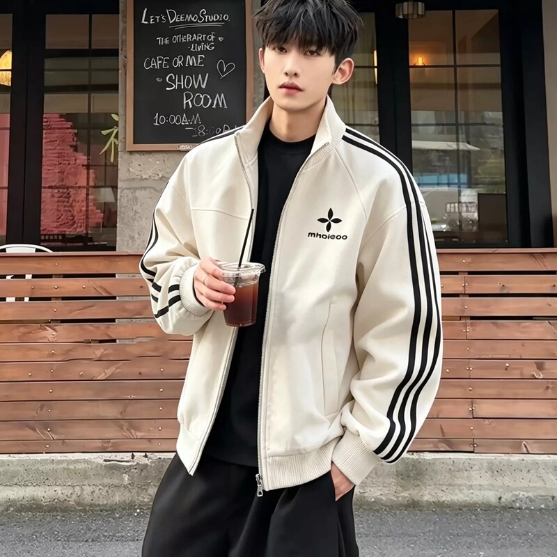 American-style three-stripe PU leather jacket for men and women, spring and autumn trendy brand, lychee pattern, color-blocking, sporty stand-up collar coat