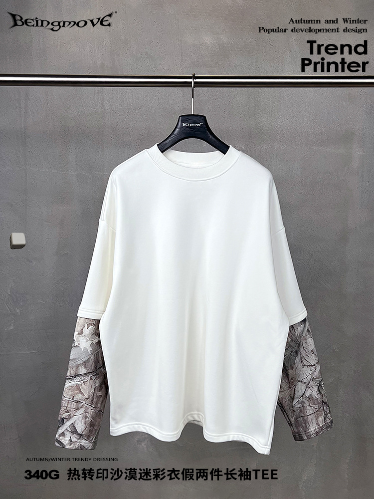 Calle secada| Retro americano falso de dos piezas camuflado hip-hop camiseta adolescente plegable con base de manga larga camiseta de moda masculina