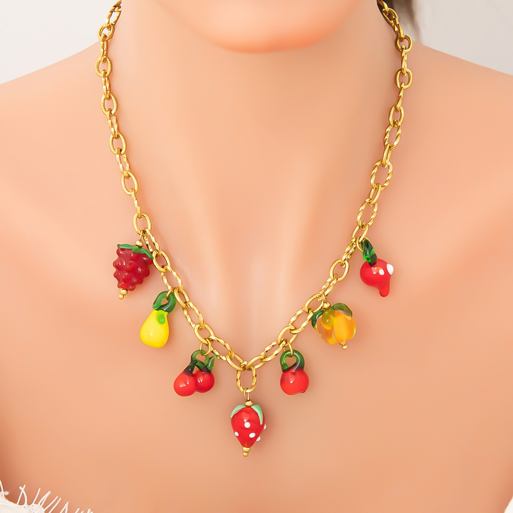 17g Weight PVD Coated Gold Plating Process 18K Gold Plated Plating Material Glass, Titanium Steel Pendant Material Pendant Necklace Classification Titanium Steel Chain Material Beaded Chain, Paperclip Chain, cable chain Chain Type 1 Piece Quantity Casual, Daily Occasion Glass, Titanium Steel Material Cherry, Heart Shape, Strawberry Pattern Women's Gender Plating Design Cute Style Gold Color Cute Cherry Heart Shape Strawberry 18K Gold Plated PVD Coated Glass Titanium Steel Beaded Chain Paperclip Chain Cable Chain Pendant Necklaces Wholesale 1