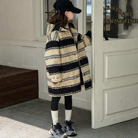 女童宽条纹呢大衣2025秋冬新款大童韩版时髦洋气中长款连帽外套潮