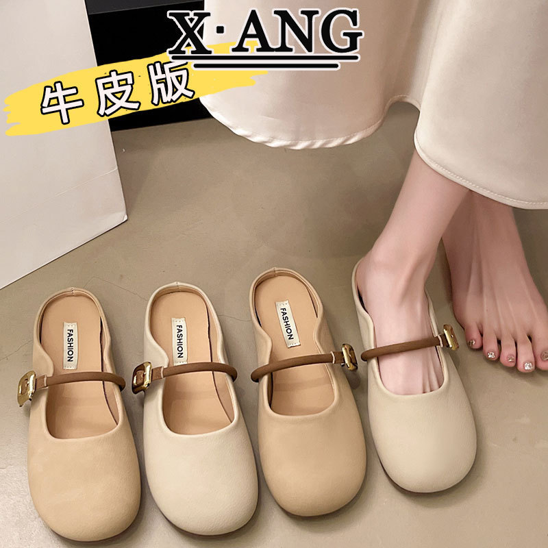 Genuine Leather Toe-Cap Half Slippers for Women's Summer Outer Wear 2025 New Soft-Soled Slip-On Lazy Shoes Mary Jane Shoes