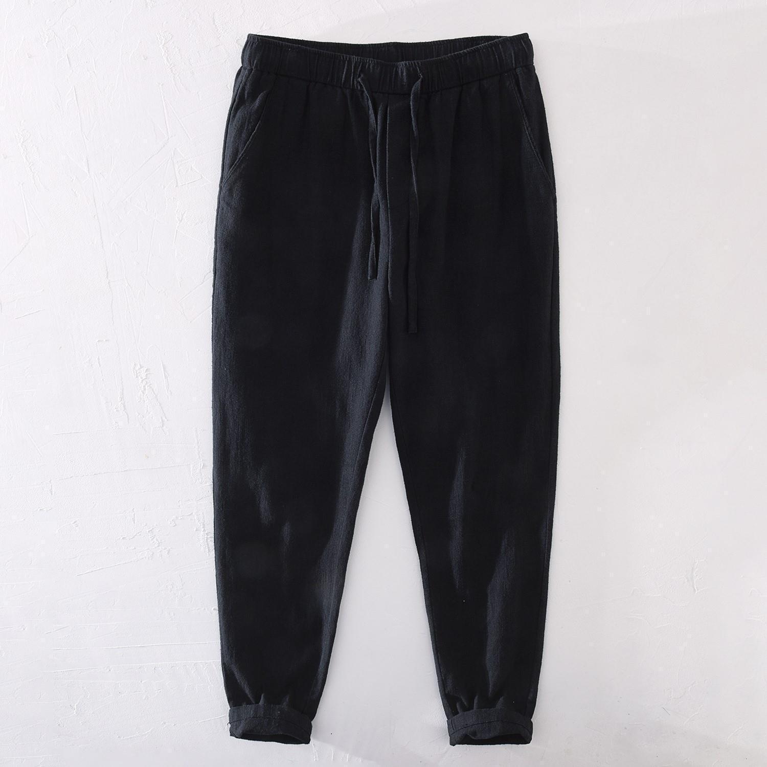 Pantalones casuales de lino rectos de algodón y lino con cintura elástica retro extremadamente cáñamo pantalones de lino sueltos de todo fósforo con cordón para hombres