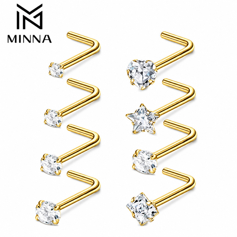 European and American 20G piercing zircon nose studs, L-shaped, basic and simple design, with diamond accents, available for wholesale