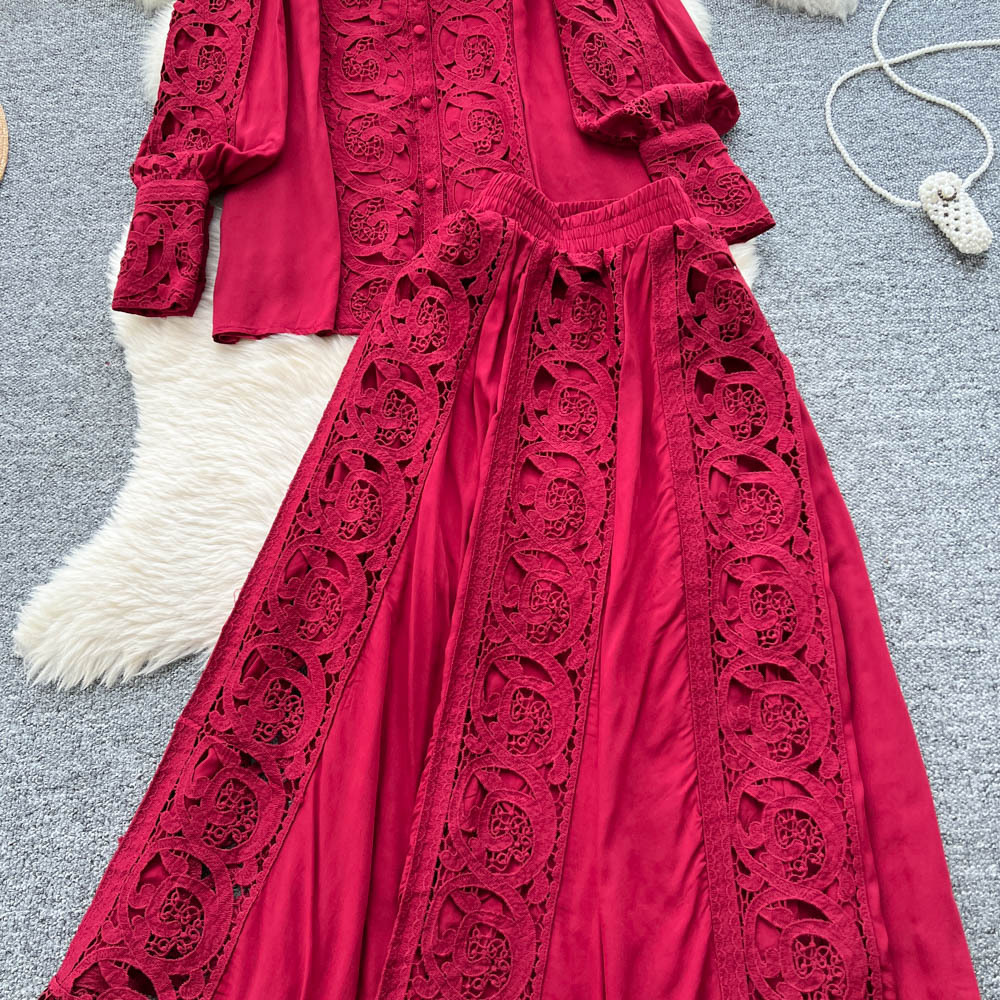 Elegante completo da donna in stile corte, composto da due pezzi, camicetta a maniche lunghe con bordi in pizzo e gonna a vita alta. Versatile tavolozza di colori._voghion.com