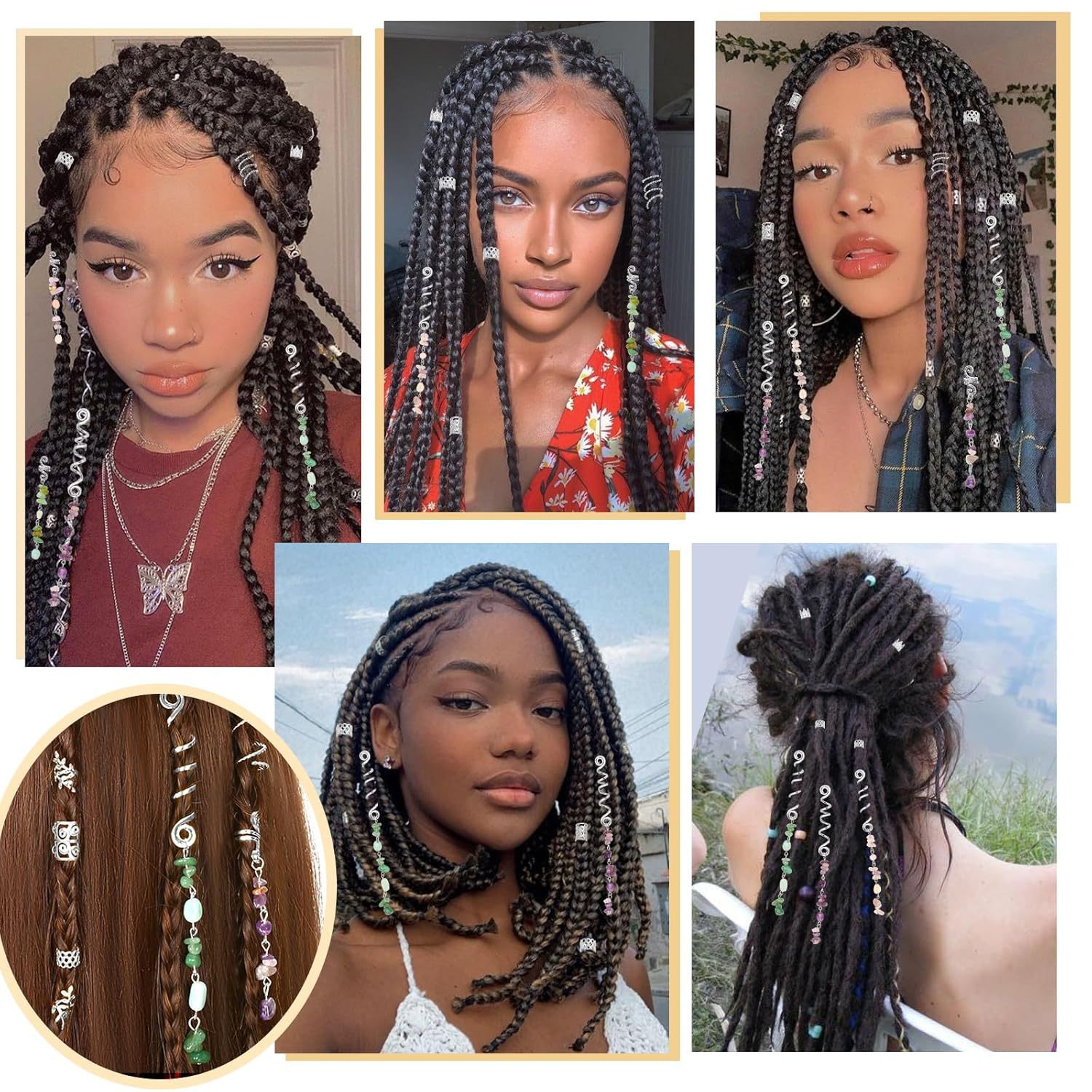 80pcs personalidad europea y americana cabello trenzado exagerado cuerda personalidad piedra natural colgante anillo de cabello viento étnico cuerda trenzada sucia