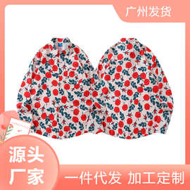 复古chic港风碎花满印长袖衬衫女秋季宽松休闲慵懒风百搭翻领衬衣