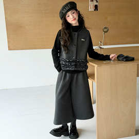 女童毛呢花边马甲三件套2026秋季新款中大童半高领打底七分阔腿裤