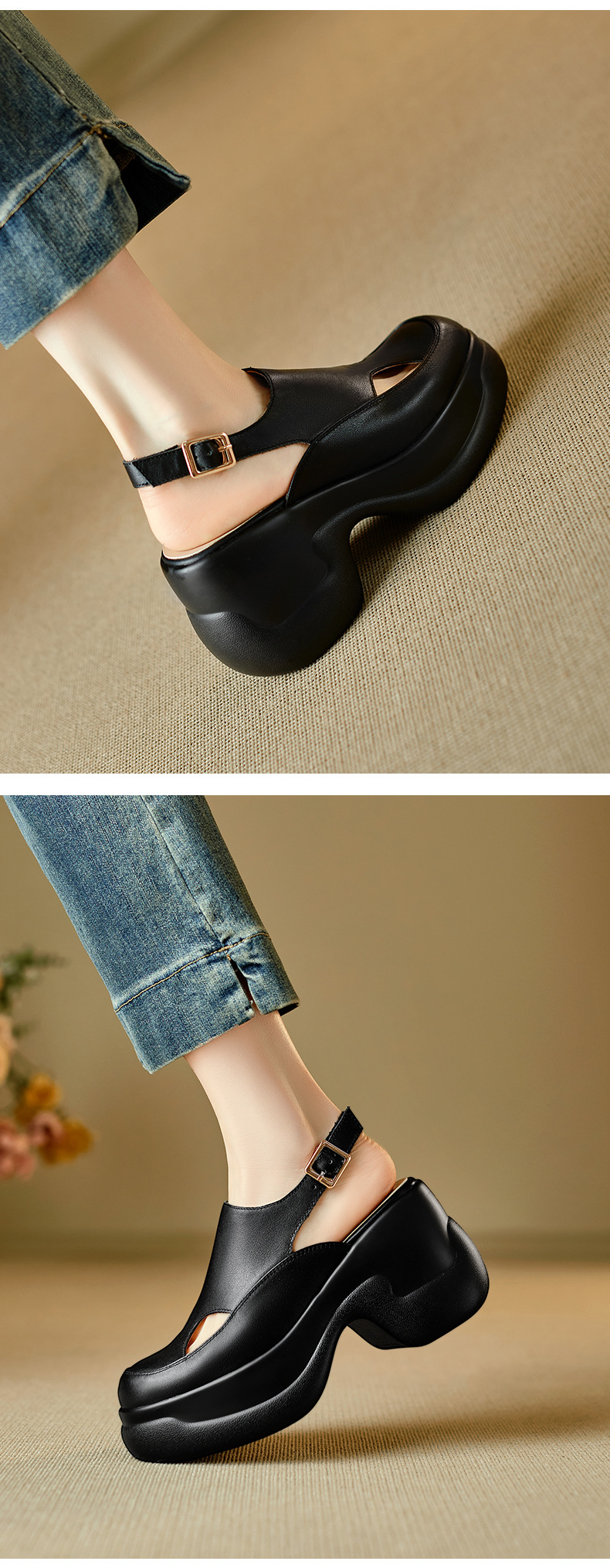 Sandal nữ cao gót đế xuồng platform mũi kín phong cách La Mã, gót 9.5 cm — màu đen, màu trắng chi tiết 5