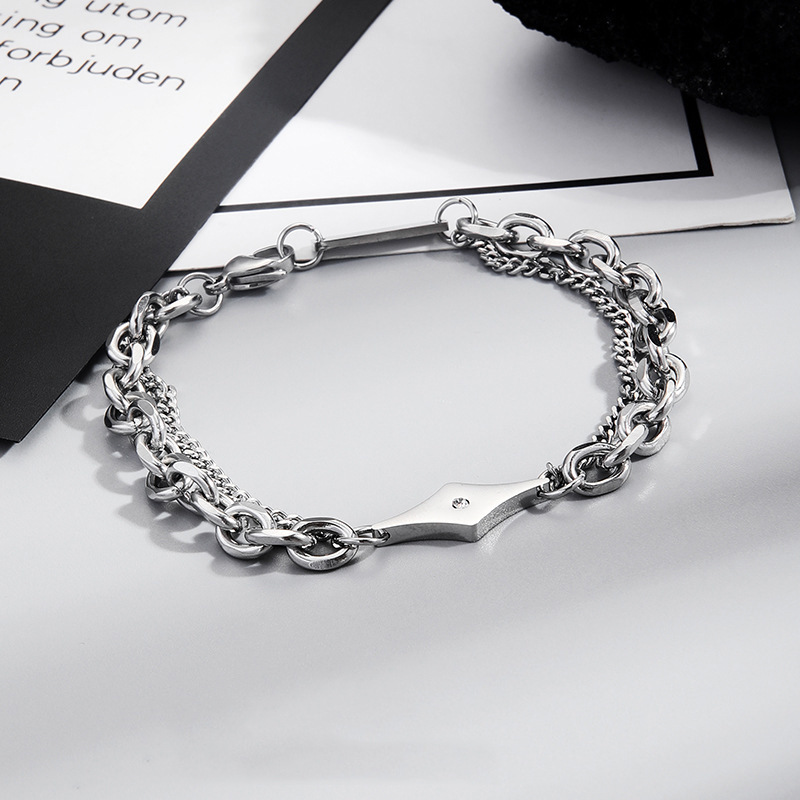 Korean Style Diamond Mirror Bracelet Men's Trendy Cold Style Bracelet Small Square Brand Diamond Four-Corner Star Mans Men's Bracelet