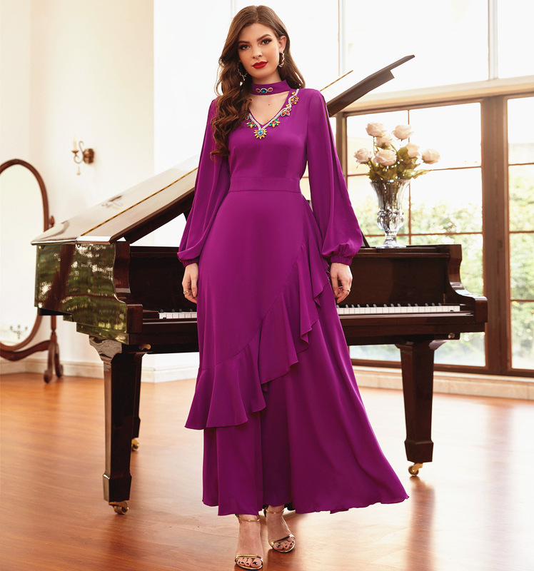 BA9024 rose red design feeling hand-sewn diamond long sleeve neck dress dress party dress