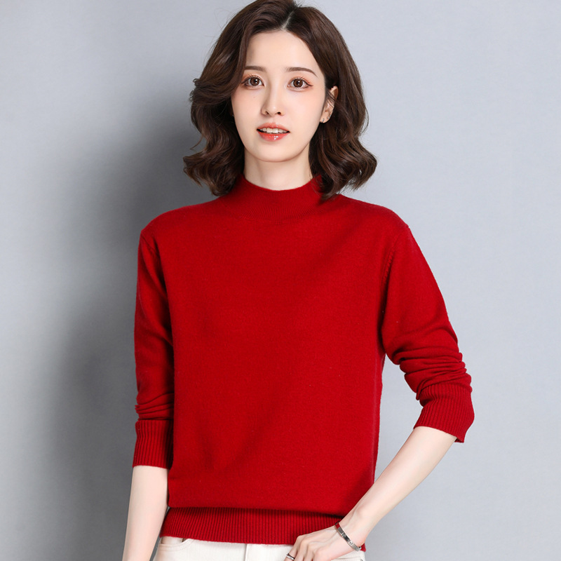 中老年半高领羊毛衫大码宽松套头针织百搭加厚毛衣女装长袖打底衫，女装针织衫/毛衣，妃慕昵服饰