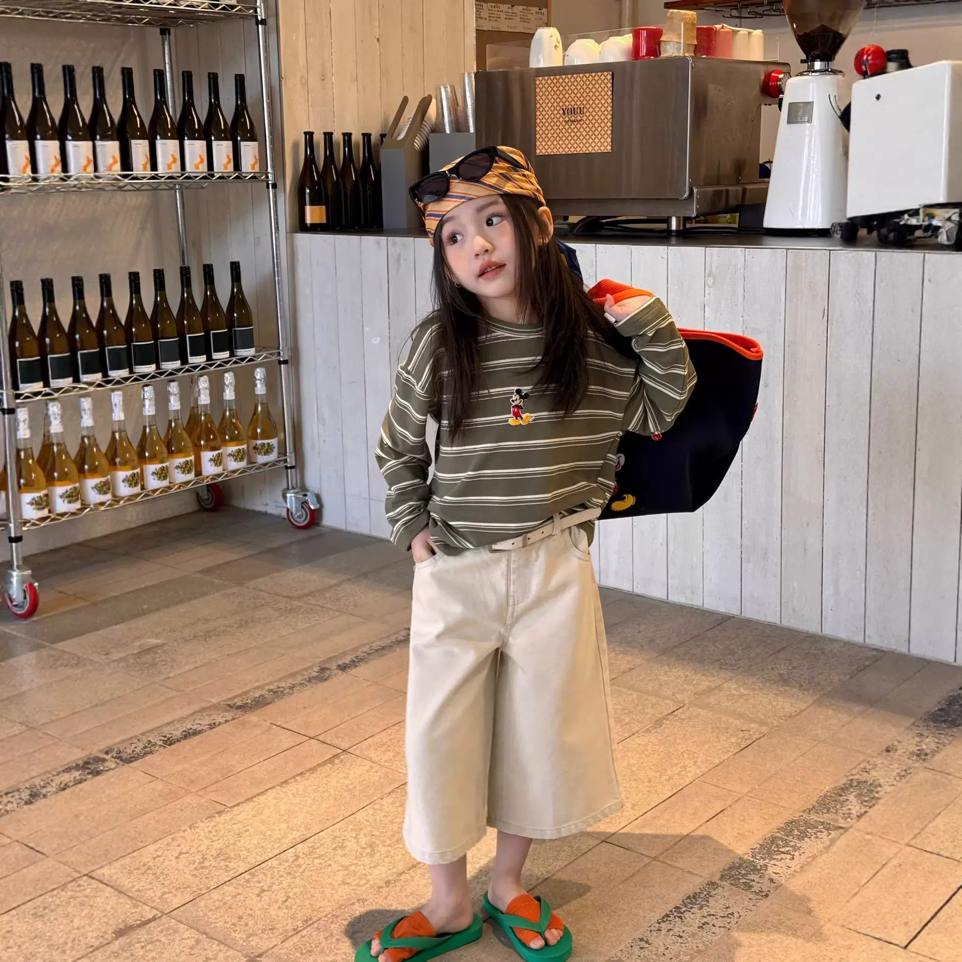 芙果女童长袖T恤2026春夏新款条纹打底衫卡通针织衫儿童百搭上衣