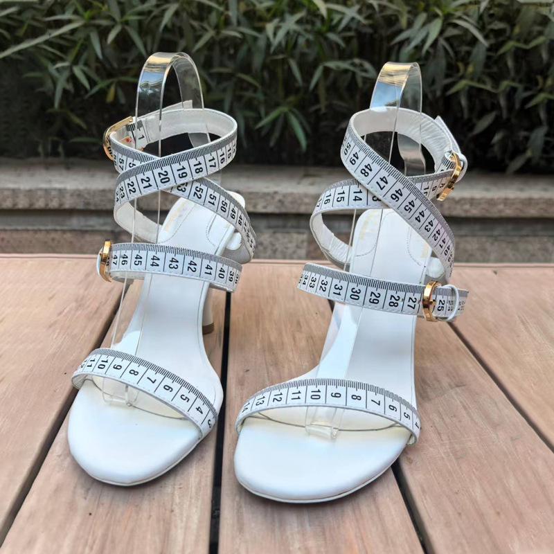 European and American Fashion Designer Measuring Tape Buckle Sandals High Heels Irregular Heel Foreign Trade Women's Shoes Irregular Heel