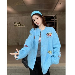 小众卡通小狗刺绣针织开衫外套女春季慵懒风减龄加厚宽松休闲毛衣
