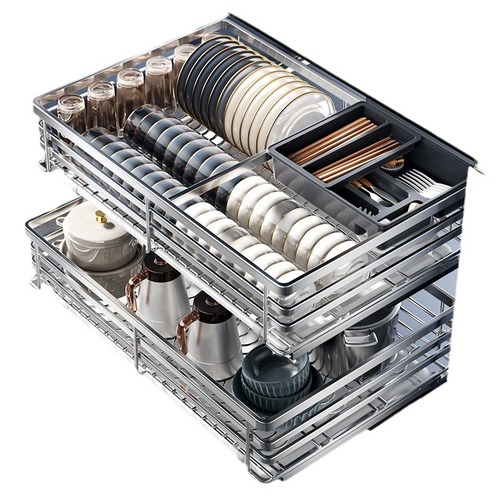 Cabei 304 stainless steel drawer-type bowl basket kitchen cabinet double-layer pull-out blue storage kitchen cabinet dish basket