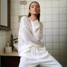 2025新款欧美跨境镂空针织衫透视薄款大圆领喇叭袖针织毛衣T恤女