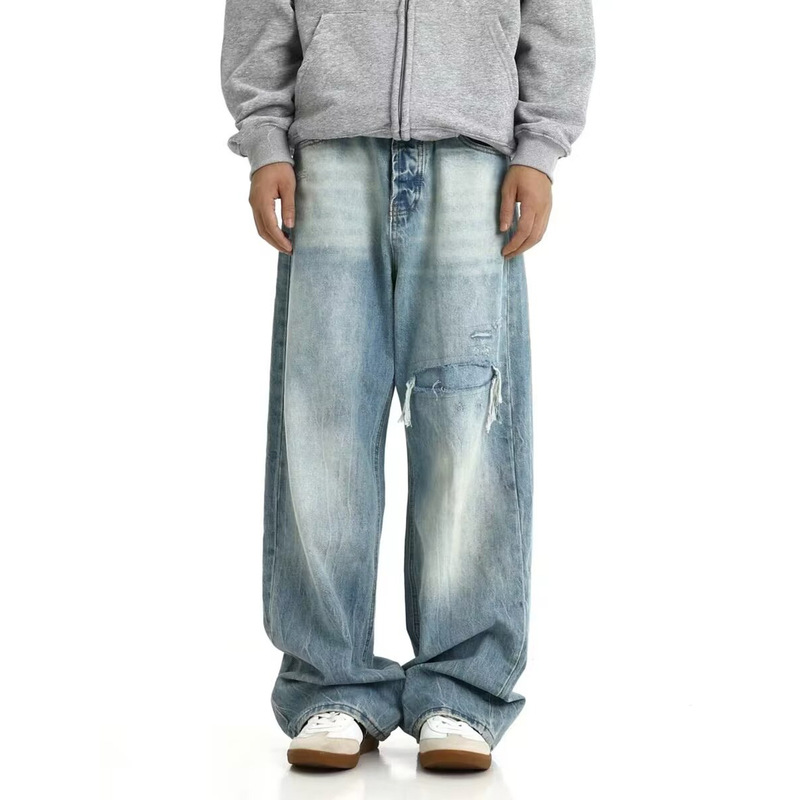 New American retro ice blue straight jeans vintage washed wear loose pants New American retro ice blue straight jeans vintage washed wear loose pants