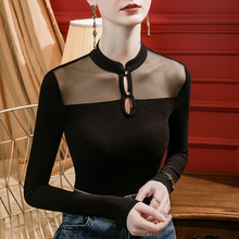 磨毛立领网纱拼接洋气T恤女修身2023秋季新款镂空洋气黑色打底衫