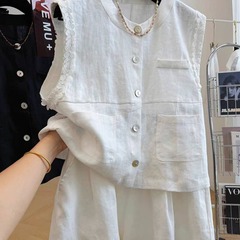 欧货时尚亚麻套装女夏季法式复古无袖马甲背心上衣棉麻短裤两件套