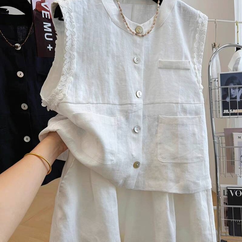欧货时尚亚麻套装女夏季法式复古无袖马甲背心上衣棉麻短裤两件套|undefined