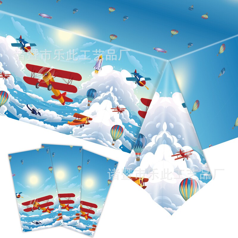 Amazon Airplane Boy Theme Party Tablecloth Blue and White Cloud Children's Birthday Decoration Construction Vehicle Tablecloth