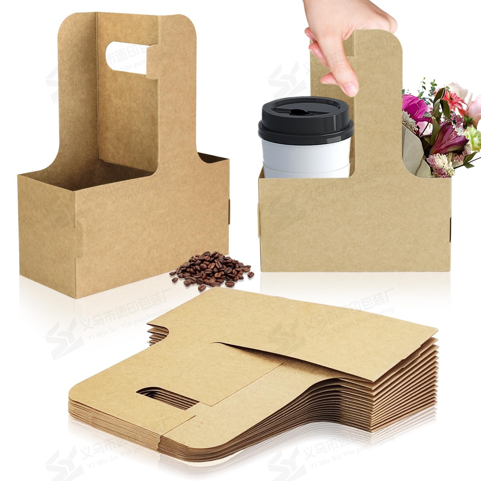 咖啡手提花盒牛皮纸插花篮奶茶盒打包外带盒甜品蛋糕盒鲜花手提盒