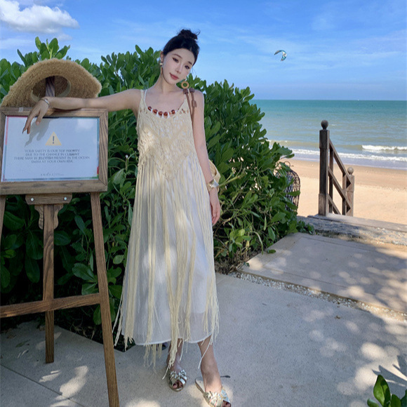 Seaside Resort Style Layered Two-Piece Set for Women Summer New Cut Out Tassel Blouse Beaded Suspender Dress Long Skirt