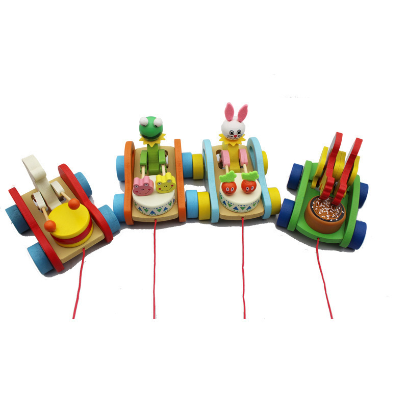 Hot selling wooden frog rabbit pull car explosion puzzle animal drag car creative wooden drum toys wholesale
