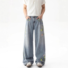 小众复古刺绣花朵牛仔裤男士春秋新款宽松阔腿直筒设计感休闲长裤