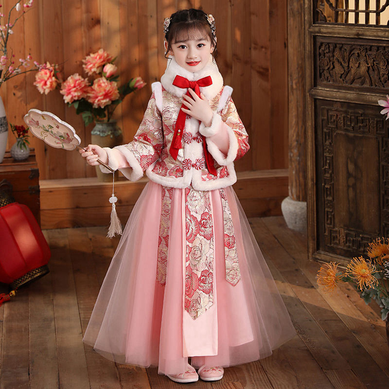 Girls'Hanfu Winter Children's Ancient Costumes Tang Suits Thickened Year's Eve Clothes Girls'Two-piece Set Year's Festive Clothes Winter Style