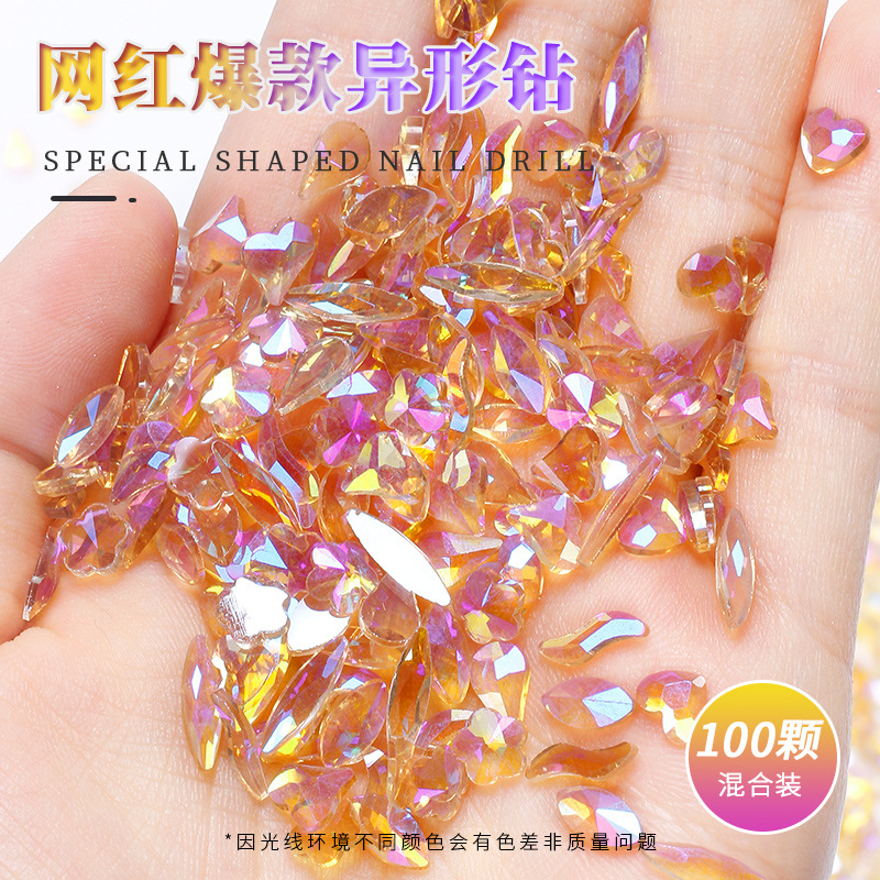 Super Flash Magic Aurora Ice Champagne Gold nail Diamond Manicura en línea popular en forma especial mezclado diamante plano de lujo ligero