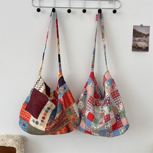 5391 New Retro Ethnic Style Color Collage Shoulder Crossbody Bag Large Capacity Underarm Canvas Bag for Women
