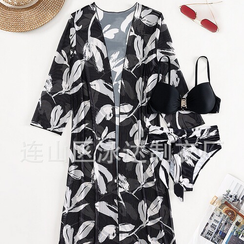  European and American foreign trade swimwear women's split three-piece long-sleeved mesh blouse cross-border bikini print set
